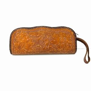 Vintage hand tooled leather stitched clutch purse